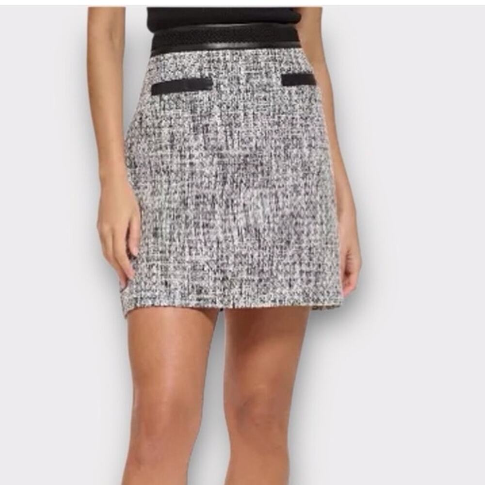 Karl Lagerfeld NWT Tweed Contrast-Trim Mini Skirt Faux-leather Trim Accents